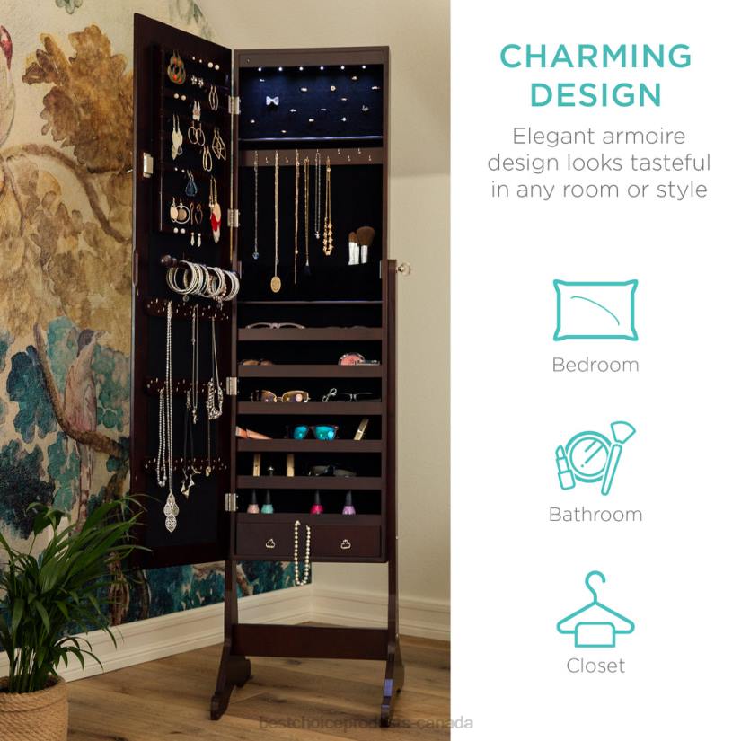 4LT2711 Espresso Best Choice Products 6-Tier Standing Jewelry Mirror Armoire w/ LED Lights