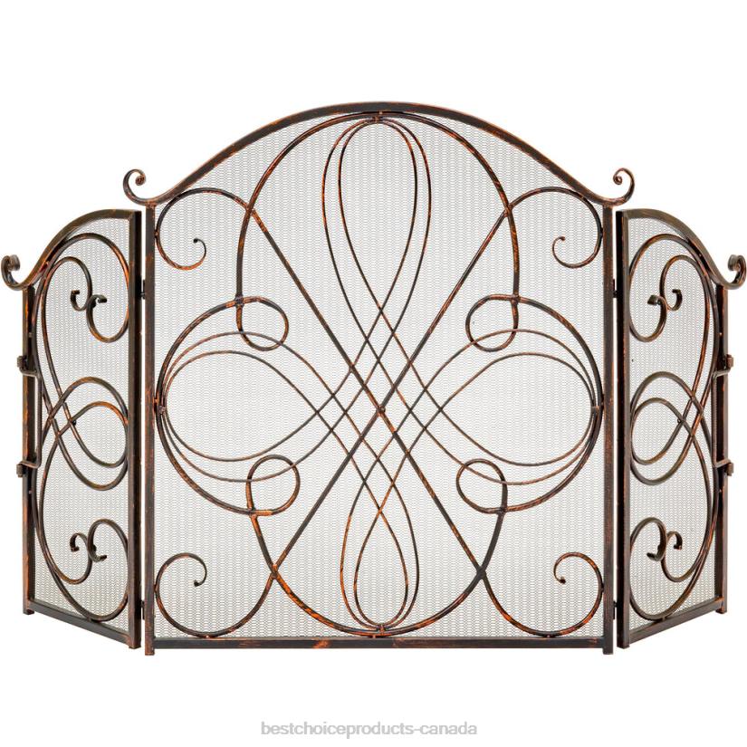 4LT21262 Copper Best Choice Products 3-Panel Wrought Iron Metal Fireplace Screen Cover w/ Scroll Design