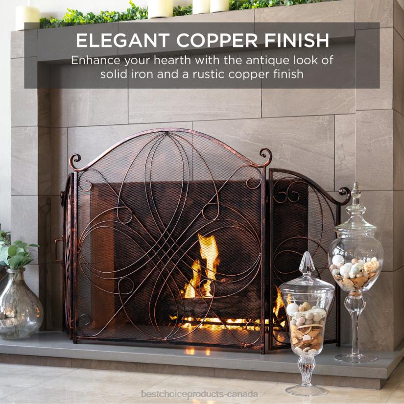 4LT21262 Copper Best Choice Products 3-Panel Wrought Iron Metal Fireplace Screen Cover w/ Scroll Design