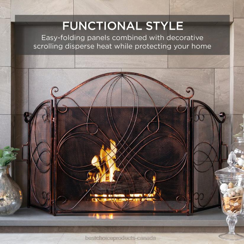 4LT21262 Copper Best Choice Products 3-Panel Wrought Iron Metal Fireplace Screen Cover w/ Scroll Design