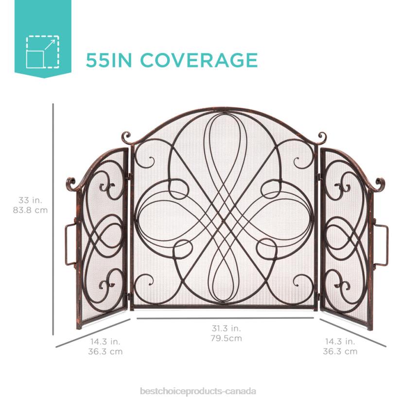 4LT21262 Copper Best Choice Products 3-Panel Wrought Iron Metal Fireplace Screen Cover w/ Scroll Design