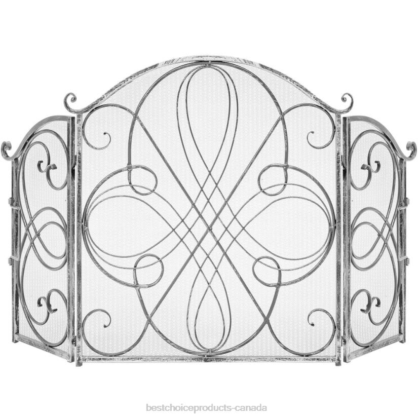 4LT21263 Pewter Best Choice Products 3-Panel Wrought Iron Metal Fireplace Screen Cover w/ Scroll Design
