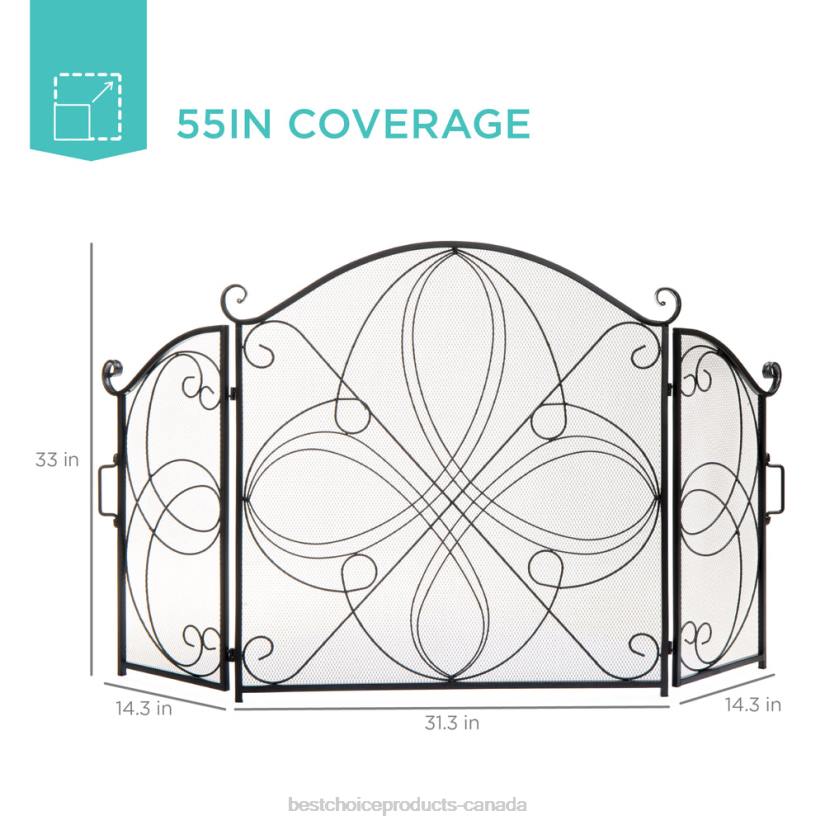 4LT21264 Black Best Choice Products 3-Panel Wrought Iron Metal Fireplace Screen Cover w/ Scroll Design