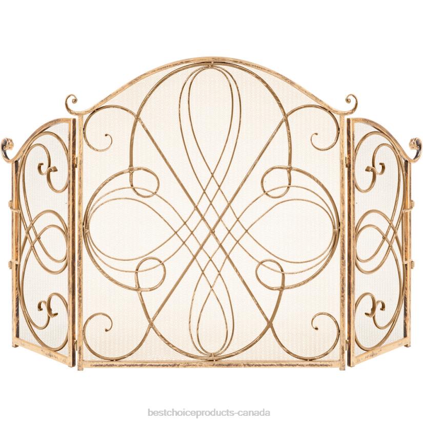 4LT21265 Gold Best Choice Products 3-Panel Wrought Iron Metal Fireplace Screen Cover w/ Scroll Design