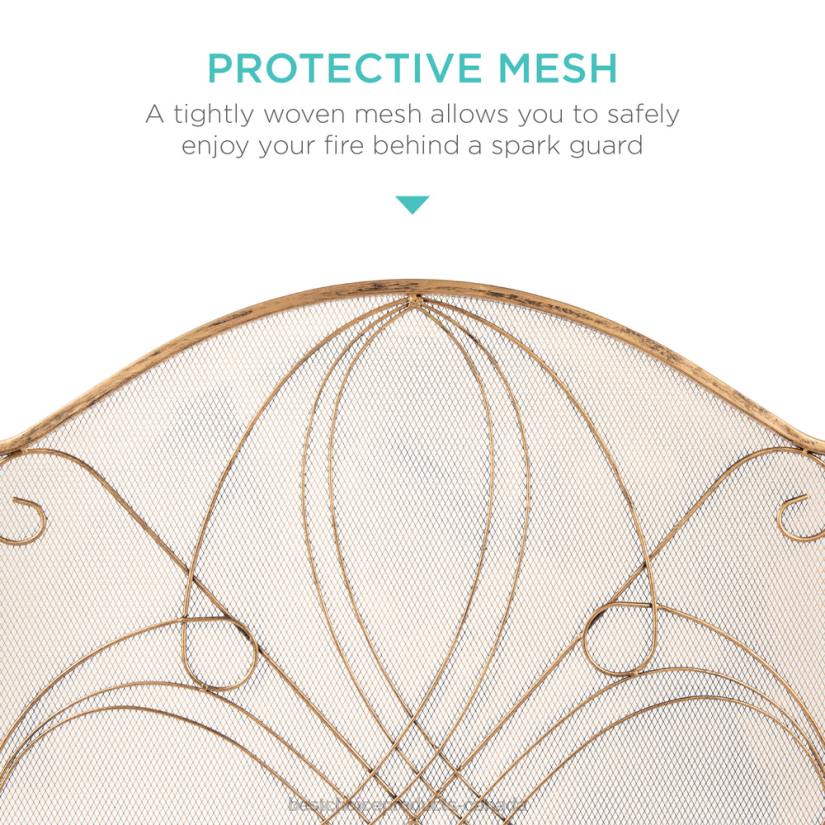 4LT21265 Gold Best Choice Products 3-Panel Wrought Iron Metal Fireplace Screen Cover w/ Scroll Design