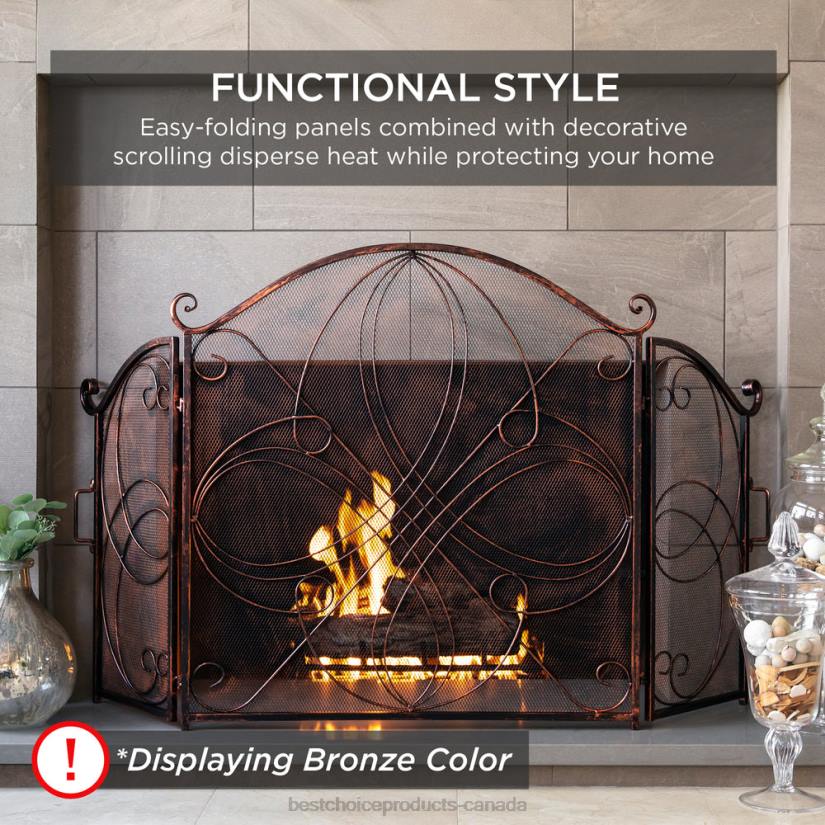 4LT21265 Gold Best Choice Products 3-Panel Wrought Iron Metal Fireplace Screen Cover w/ Scroll Design