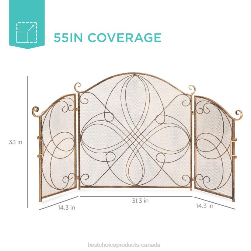 4LT21265 Gold Best Choice Products 3-Panel Wrought Iron Metal Fireplace Screen Cover w/ Scroll Design