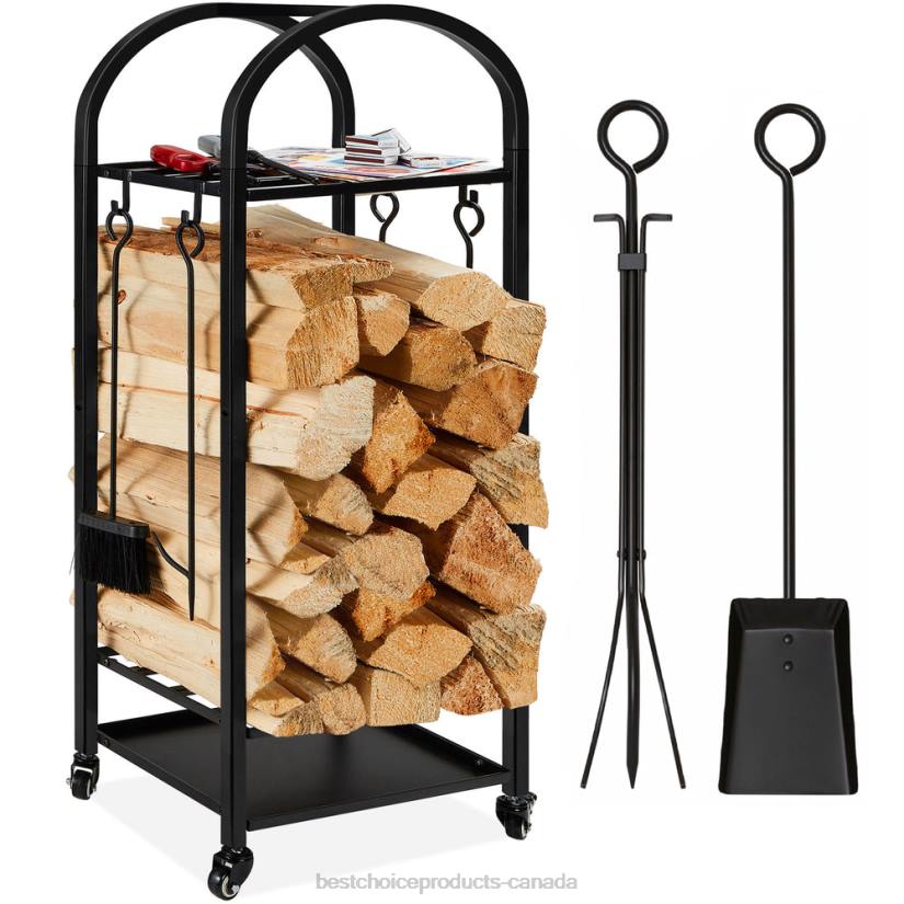 4LT2342 Black Best Choice Products 3-Tier Wrought Iron Firewood Log Rack w/ 4-Piece Tool Set, Wheels