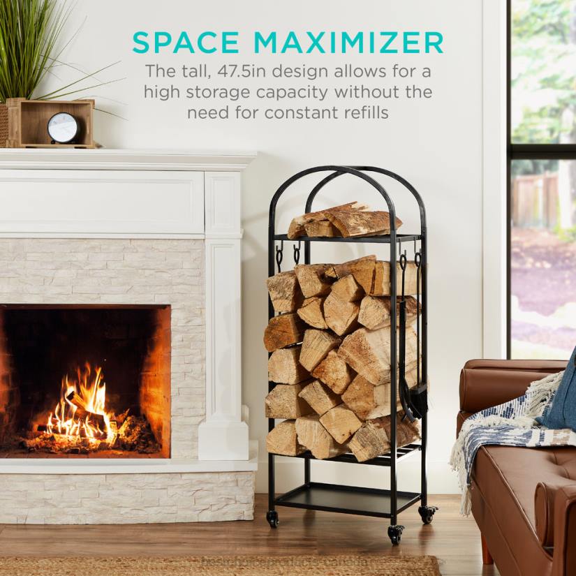 4LT2342 Black Best Choice Products 3-Tier Wrought Iron Firewood Log Rack w/ 4-Piece Tool Set, Wheels