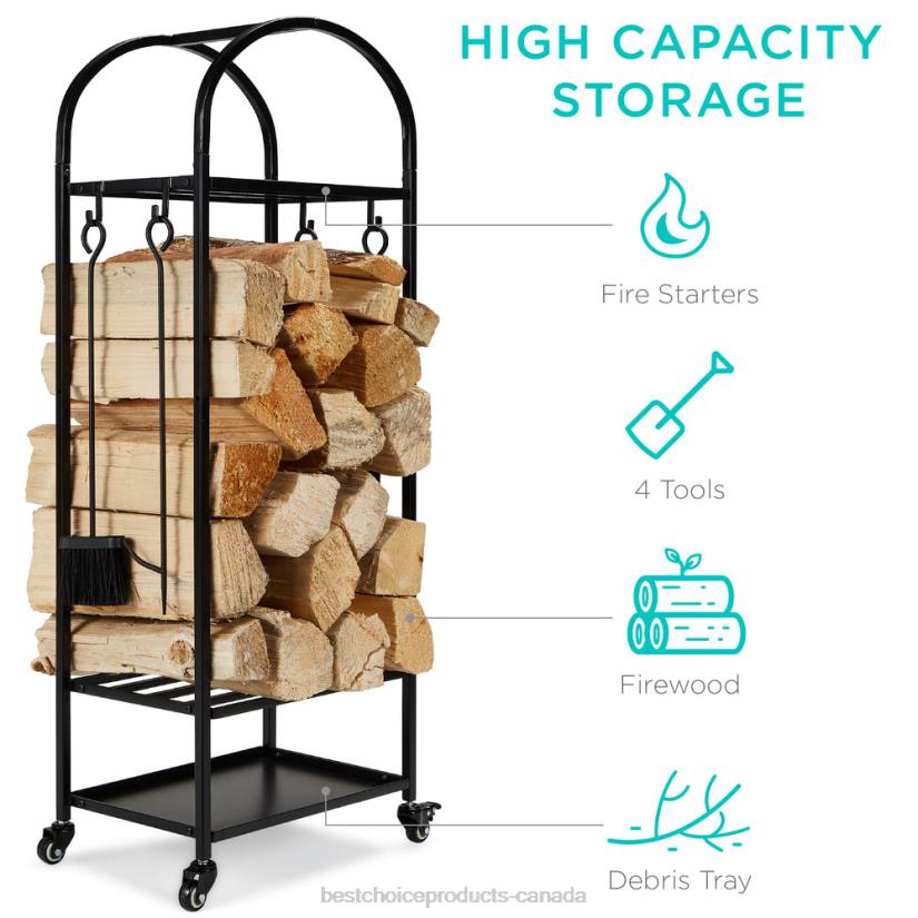 4LT2342 Black Best Choice Products 3-Tier Wrought Iron Firewood Log Rack w/ 4-Piece Tool Set, Wheels