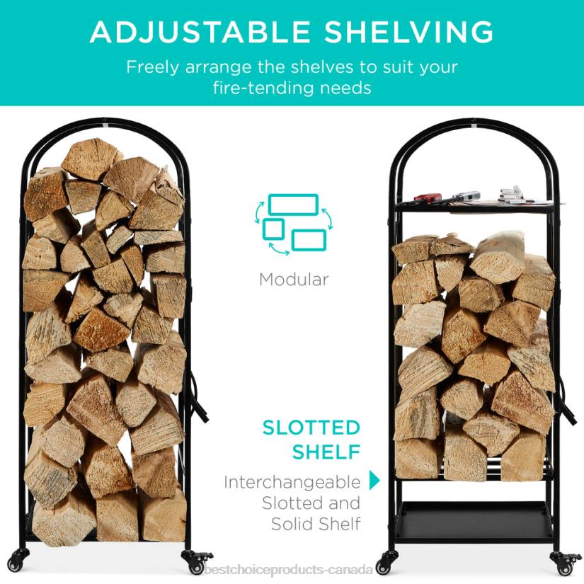 4LT2342 Black Best Choice Products 3-Tier Wrought Iron Firewood Log Rack w/ 4-Piece Tool Set, Wheels