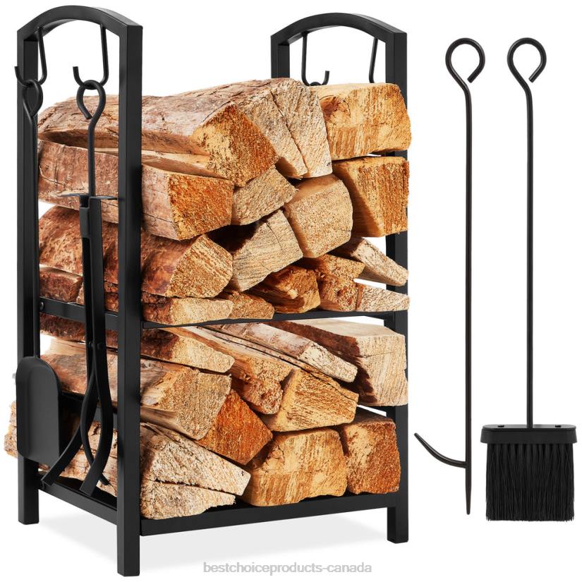 4LT2351 Black Best Choice Products 5-Piece Firewood Log Rack Holder Tools Set w/ Hook, Broom, Shovel, Tongs