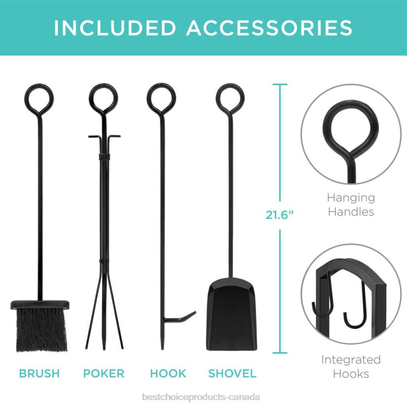 4LT2351 Black Best Choice Products 5-Piece Firewood Log Rack Holder Tools Set w/ Hook, Broom, Shovel, Tongs