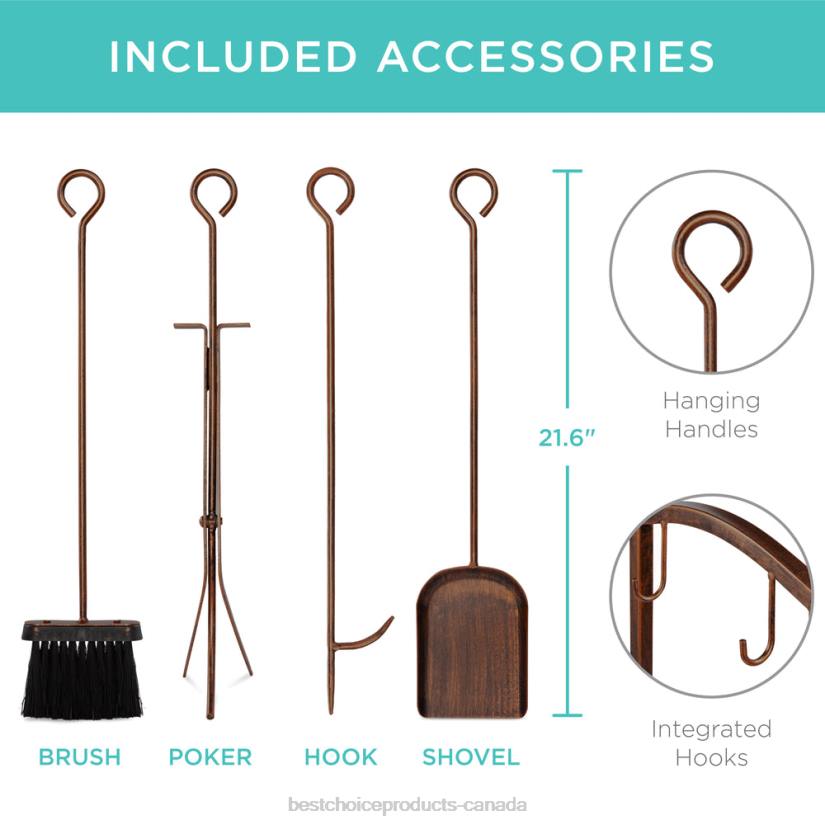 4LT2352 Copper Best Choice Products 5-Piece Firewood Log Rack Holder Tools Set w/ Hook, Broom, Shovel, Tongs