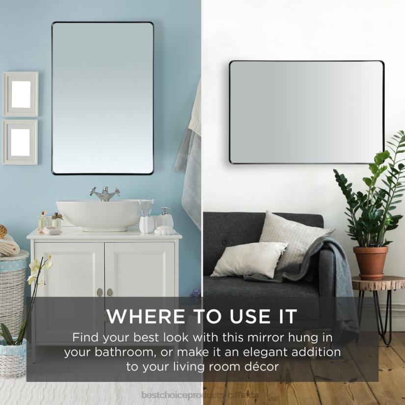 4LT2360 Matte Black Best Choice Products 2-Way Rectangle Wall Mirror w/ Rounded Corners, Anti-Blast Film