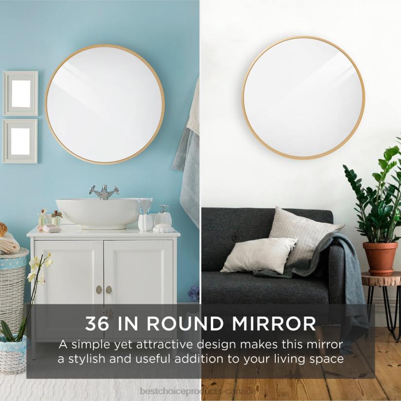 4LT2388 Matte Gold Best Choice Products Framed Round Bathroom Vanity Wall Mirror w/ Anti-Blast Film