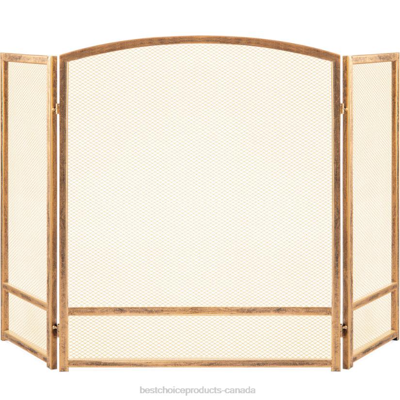 4LT2661 Antique Gold Best Choice Products 3-Panel Simple Steel Mesh Fireplace Screen w/ Worn Finish