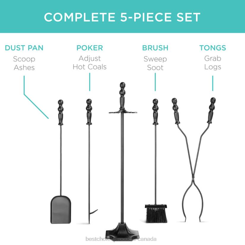 4LT2703 Black Best Choice Products 5-Piece Rustic Iron Indoor Outdoor Fireplace and Firepit Tool Set w/ Stand