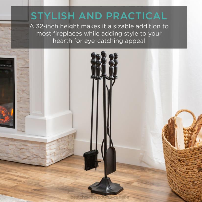 4LT2703 Black Best Choice Products 5-Piece Rustic Iron Indoor Outdoor Fireplace and Firepit Tool Set w/ Stand