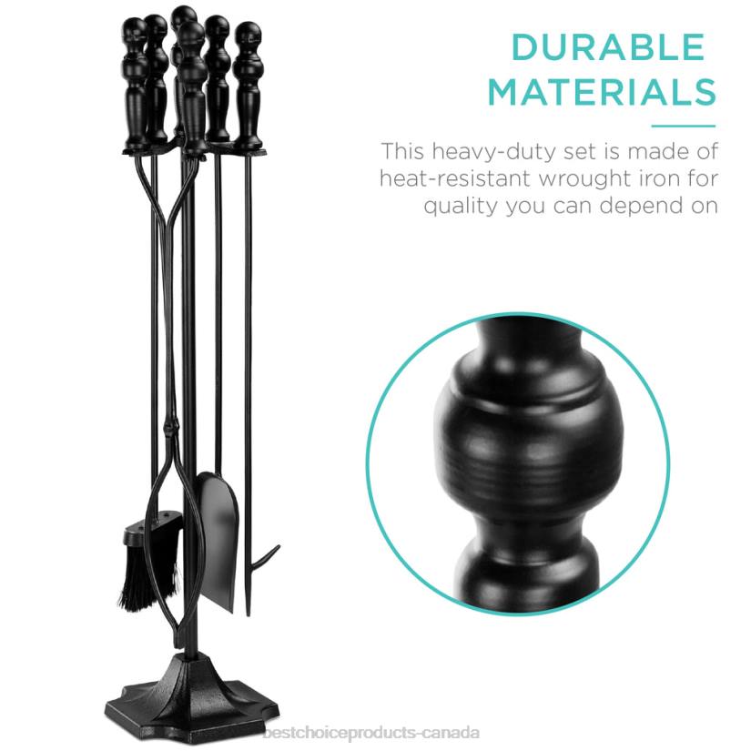 4LT2703 Black Best Choice Products 5-Piece Rustic Iron Indoor Outdoor Fireplace and Firepit Tool Set w/ Stand