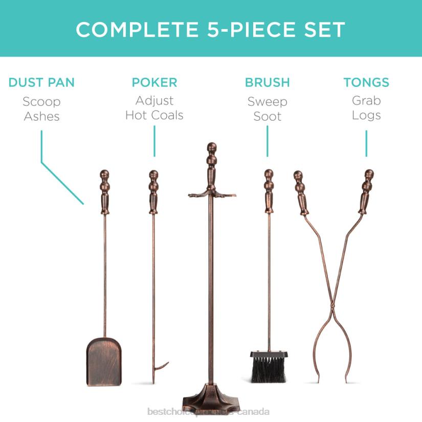 4LT2704 Copper Best Choice Products 5-Piece Rustic Iron Indoor Outdoor Fireplace and Firepit Tool Set w/ Stand