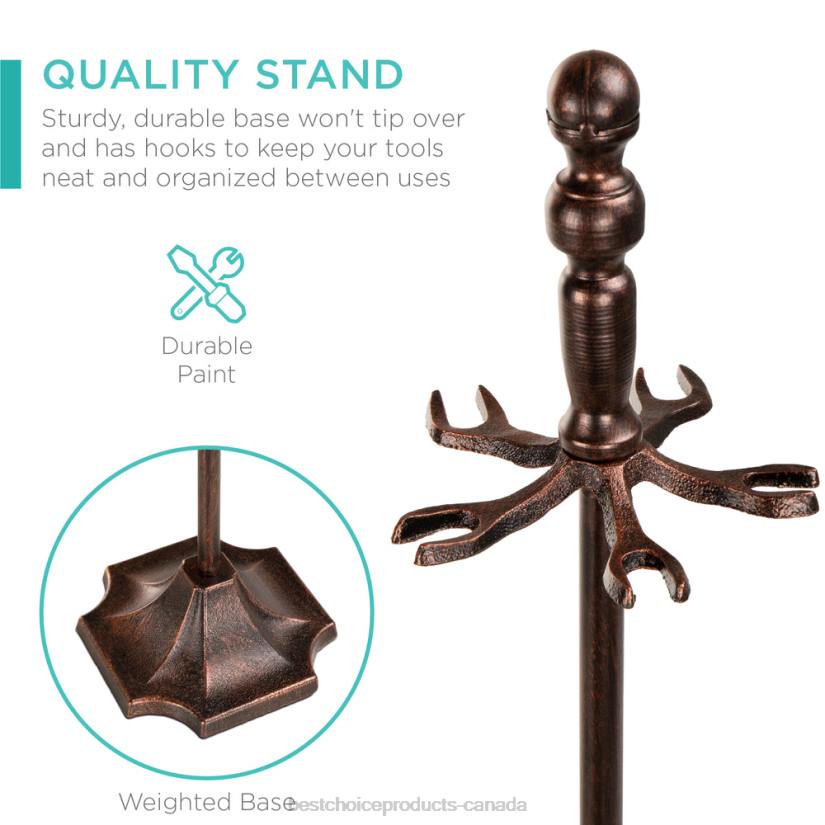 4LT2704 Copper Best Choice Products 5-Piece Rustic Iron Indoor Outdoor Fireplace and Firepit Tool Set w/ Stand