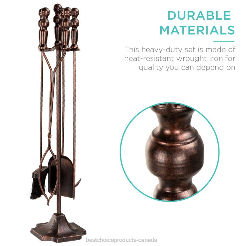 4LT2704 Copper Best Choice Products 5-Piece Rustic Iron Indoor Outdoor Fireplace and Firepit Tool Set w/ Stand