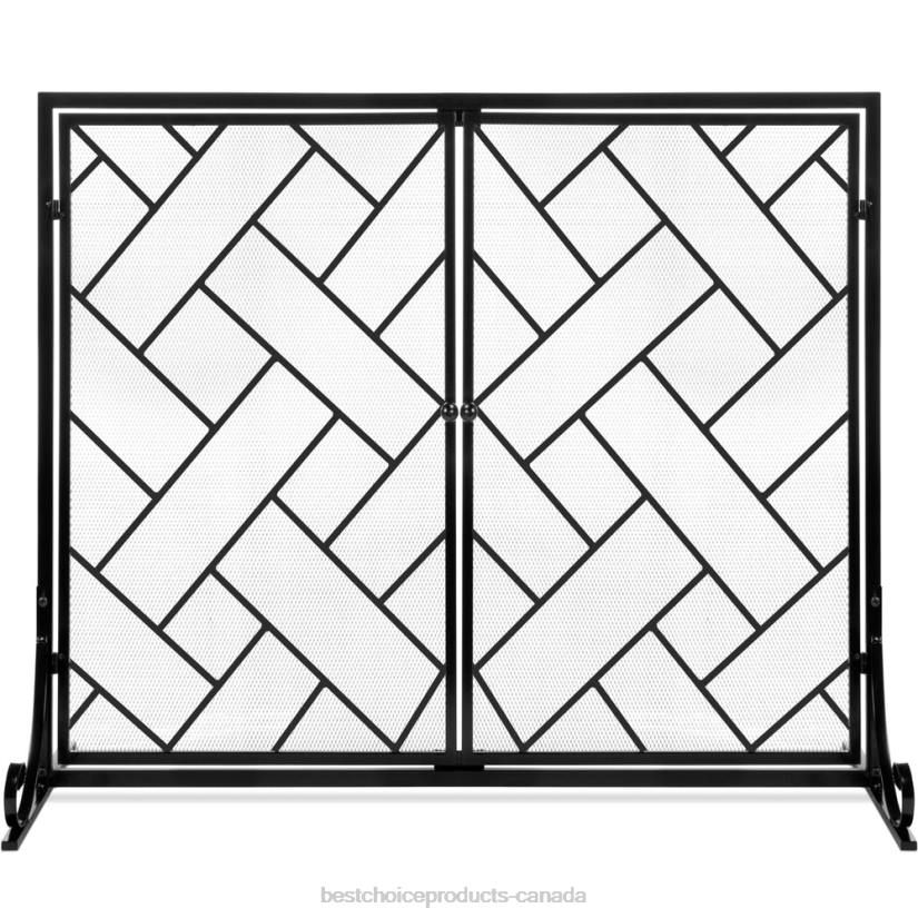 4LT2713 Black Best Choice Products 2-Panel Wrought Iron Geometric Fireplace Screen w/ Magnetic Doors