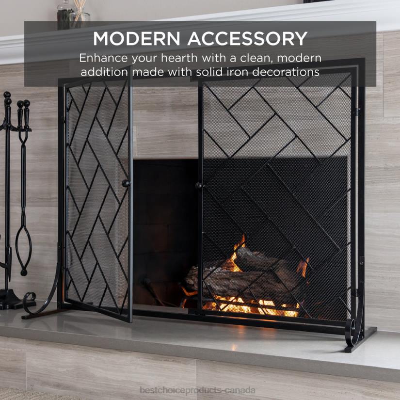 4LT2713 Black Best Choice Products 2-Panel Wrought Iron Geometric Fireplace Screen w/ Magnetic Doors