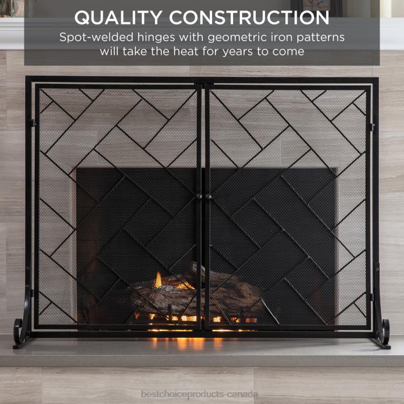 4LT2713 Black Best Choice Products 2-Panel Wrought Iron Geometric Fireplace Screen w/ Magnetic Doors