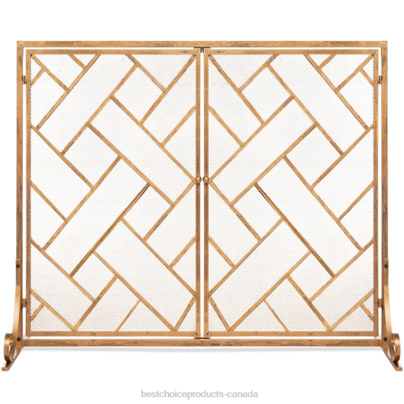 4LT2714 Gold Best Choice Products 2-Panel Wrought Iron Geometric Fireplace Screen w/ Magnetic Doors