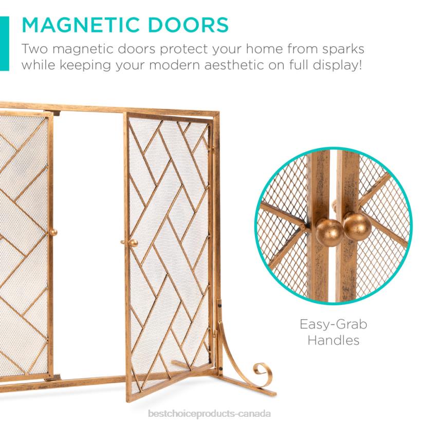 4LT2714 Gold Best Choice Products 2-Panel Wrought Iron Geometric Fireplace Screen w/ Magnetic Doors