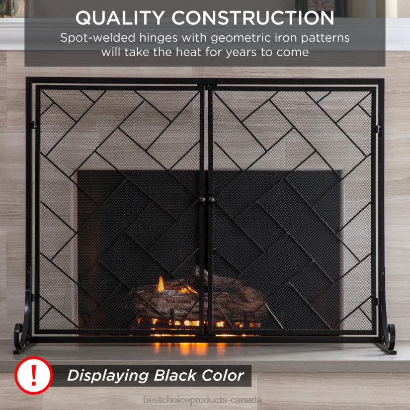 4LT2714 Gold Best Choice Products 2-Panel Wrought Iron Geometric Fireplace Screen w/ Magnetic Doors