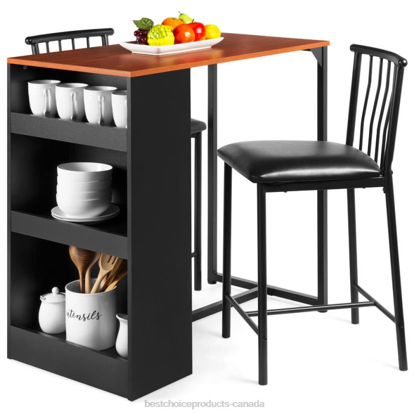 4LT21222 Espresso Best Choice Products 3-Piece Counter Height Kitchen Dining Table Set w/ Storage Shelves