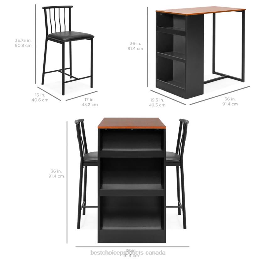 4LT21222 Espresso Best Choice Products 3-Piece Counter Height Kitchen Dining Table Set w/ Storage Shelves