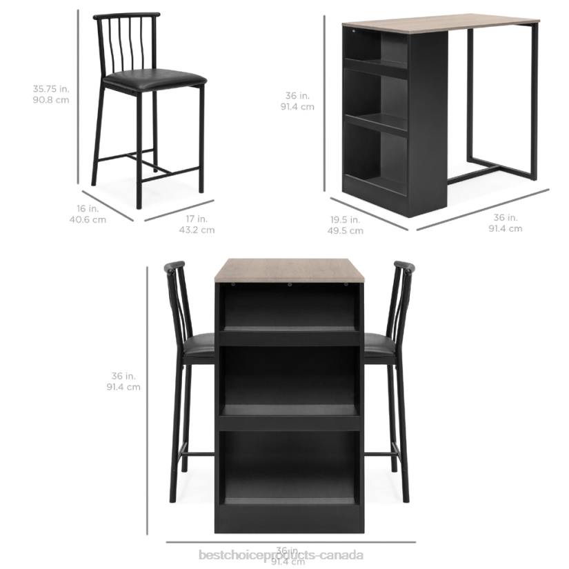 4LT21223 Gray Best Choice Products 3-Piece Counter Height Kitchen Dining Table Set w/ Storage Shelves