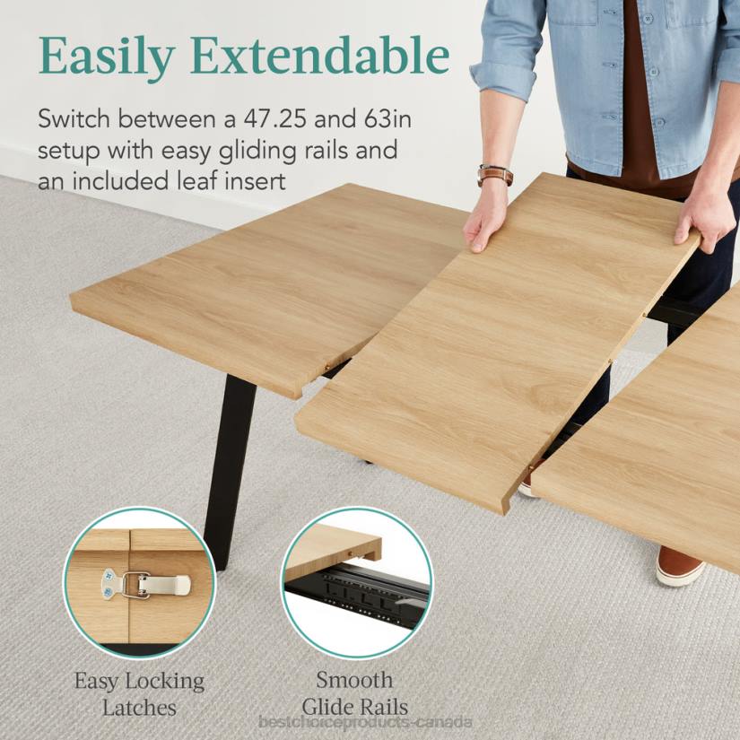 4LT21251 Natural Oak Best Choice Products Modern Extendable Dining Table w/ Leaf Extension, 2 Locks