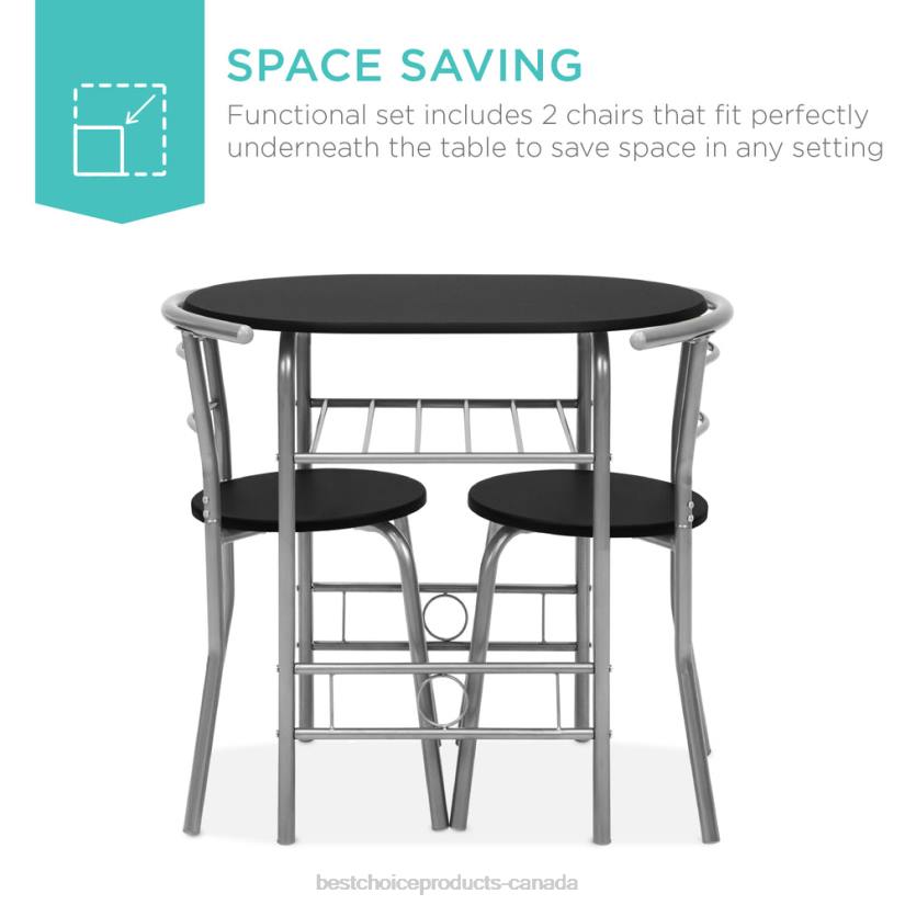 4LT21256 Black/Silver Best Choice Products 3-Piece Wooden Table & Chairs Dining Set w/ Lower Storage Shelf