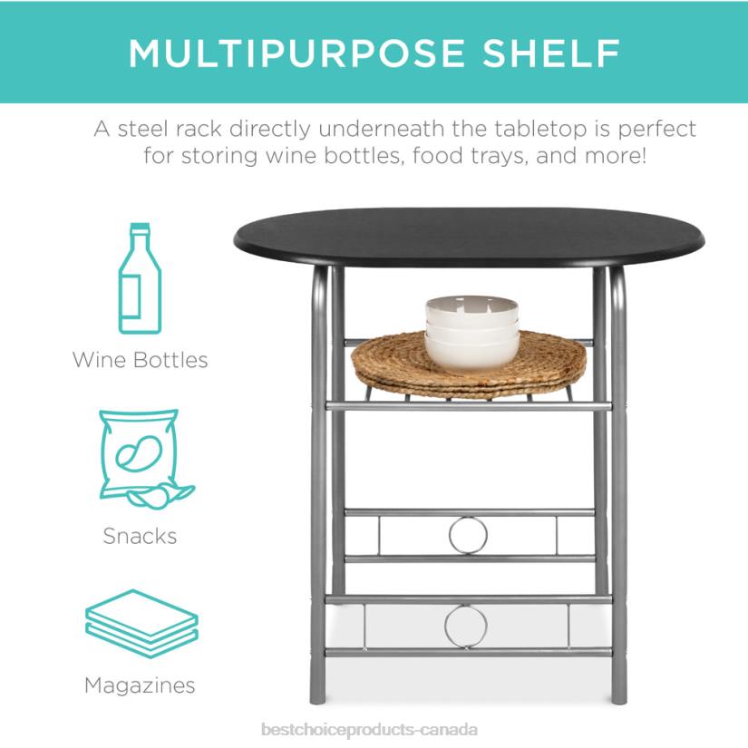 4LT21256 Black/Silver Best Choice Products 3-Piece Wooden Table & Chairs Dining Set w/ Lower Storage Shelf