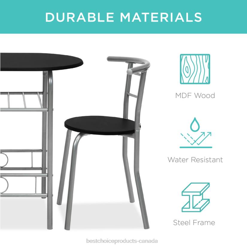 4LT21256 Black/Silver Best Choice Products 3-Piece Wooden Table & Chairs Dining Set w/ Lower Storage Shelf