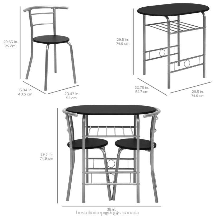 4LT21256 Black/Silver Best Choice Products 3-Piece Wooden Table & Chairs Dining Set w/ Lower Storage Shelf