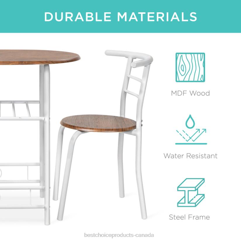 4LT21259 White/Brown Best Choice Products 3-Piece Wooden Table & Chairs Dining Set w/ Lower Storage Shelf