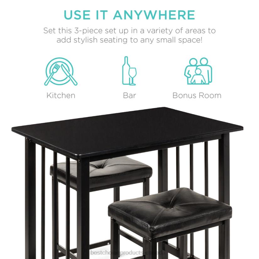4LT21266 Black Best Choice Products 3-Piece Counter Height Dining Table Set w/ 2 Stools, Space-Saving Design