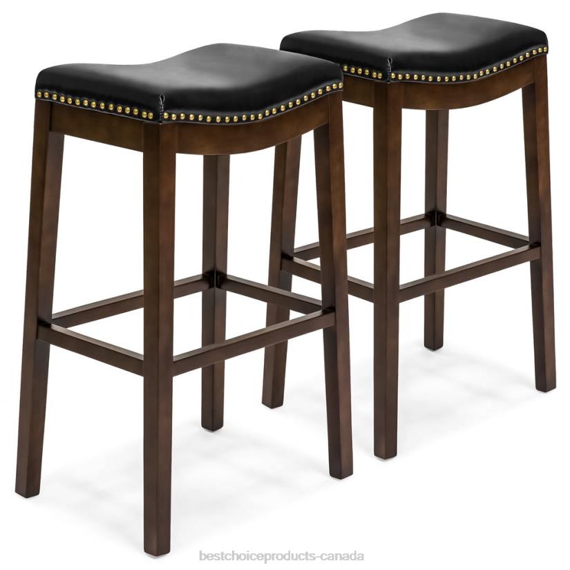 4LT21276 Brown Best Choice Products Set of 2 31in Backless Bar Stool Accent Chairs w/ Faux Leather, Brass Studs