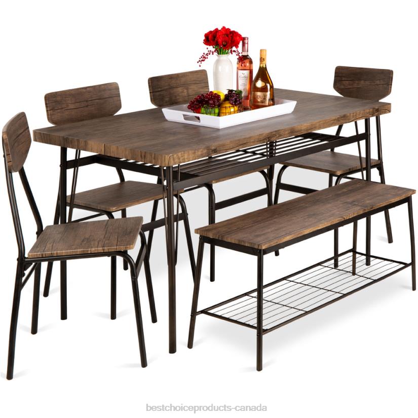 4LT2367 Brown Best Choice Products 6-Piece Modern Dining Set w/ Storage Racks, Table, Bench, 4 Chairs