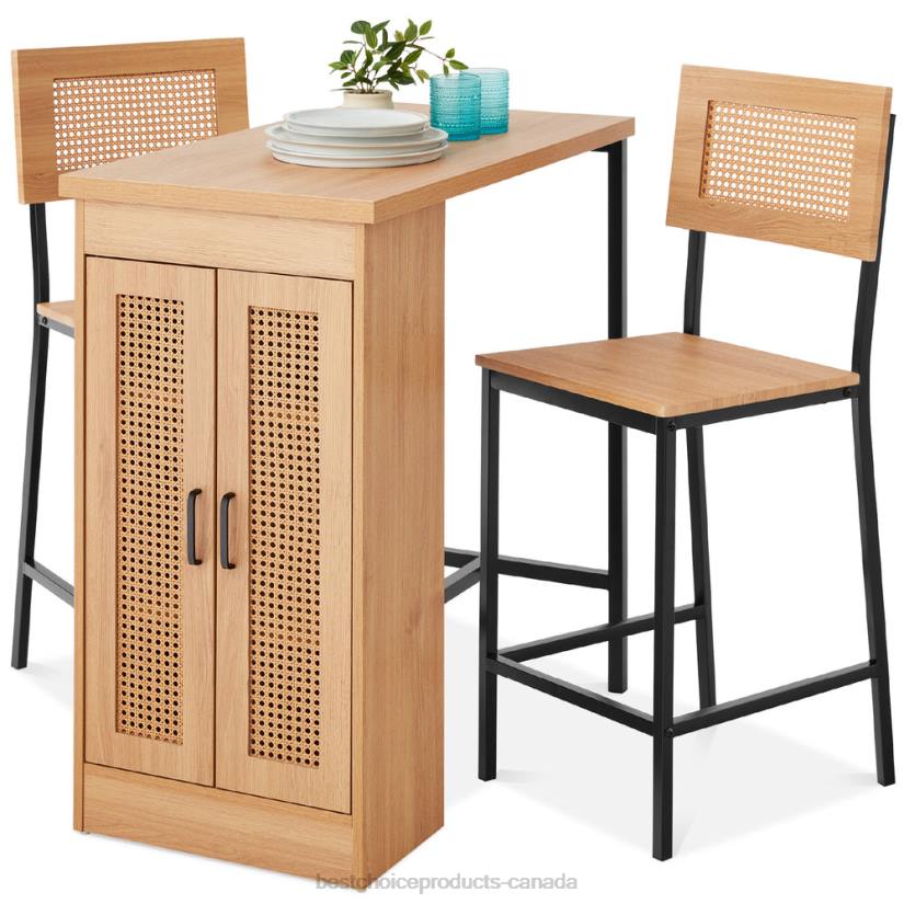 4LT2391 Natural Best Choice Products 3-Piece Counter Height Rattan Kitchen Dining Table Set w/ Storage Shelves