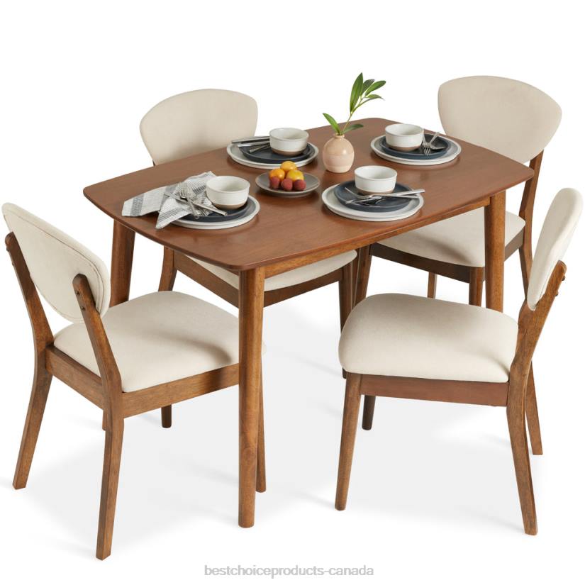 4LT2591 Brown/White Best Choice Products 5-Piece Wooden Mid-Century Modern Dining Set w/ 4 Chairs, Padded Seat & Back