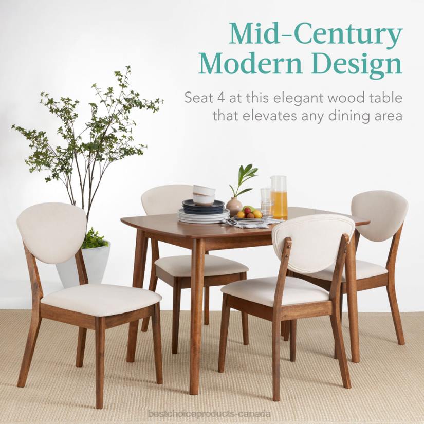 4LT2591 Brown/White Best Choice Products 5-Piece Wooden Mid-Century Modern Dining Set w/ 4 Chairs, Padded Seat & Back