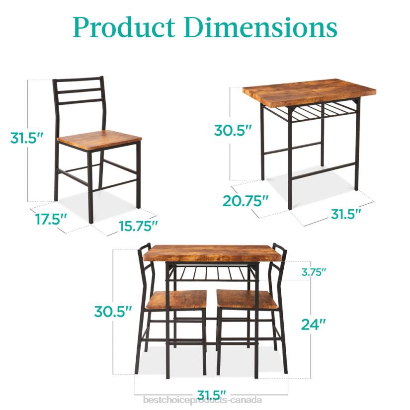 4LT2638 Brown Best Choice Products 3-Piece Modern Square Dining Set w/ Storage Rack