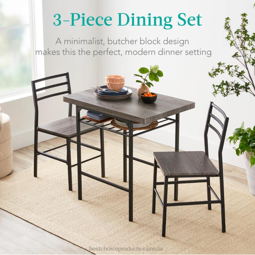 4LT2639 Gray Best Choice Products 3-Piece Modern Square Dining Set w/ Storage Rack